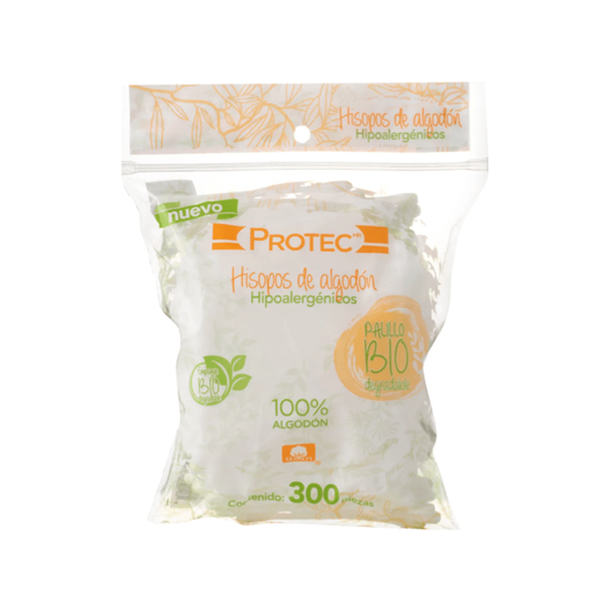 Imagen de Hisopos de algodón (cotonetes) hipoalergénicos palillo biodegradable Protec 300 pzas
