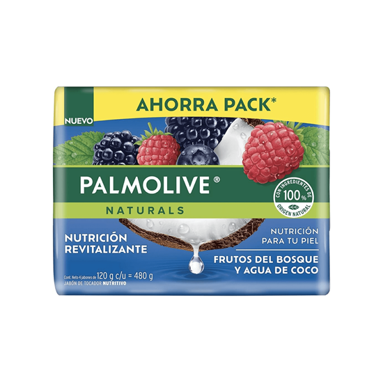 Imagen de Jabón de tocador frutos del bosque y agua de coco Palmolive Naturals Nutrición Revitalizante 4 pzas de 120g c/u (480g)