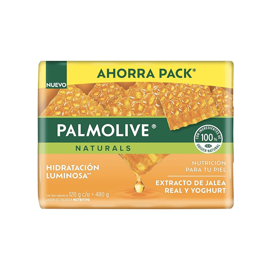 Imagen de Jabón de tocador extracto de jalea real y yoghurt Palmolive Naturals Hidratación Luminosa 4 pzas de 120g c/u (480g)