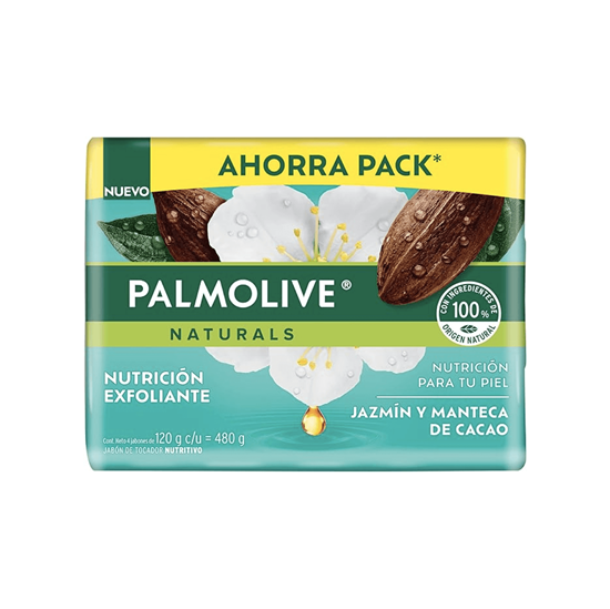 Imagen de Jabón de tocador jazmín y manteca de cacao Palmolive Naturals Nutrición Exfoliante 4 pzas de 120g c/u (480g)