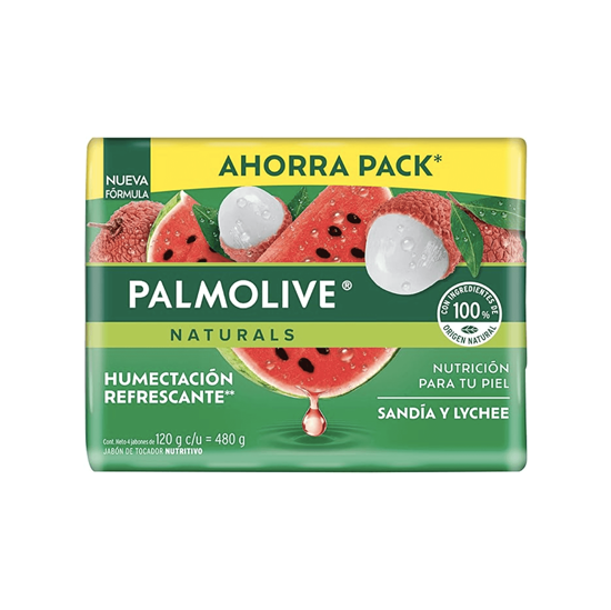 Imagen de Jabón de tocador sandía y lychee Palmolive Naturals Humectación Refrescante 4 pzas de 120g c/u (480g)