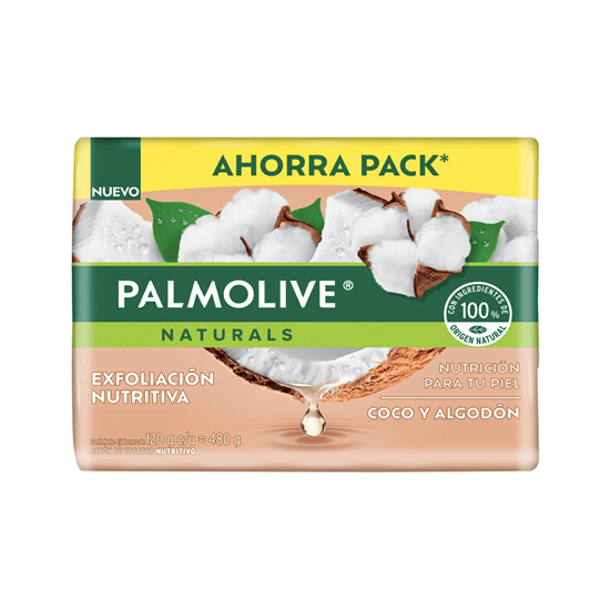 Imagen de Jabón de tocador coco y algodón Palmolive Naturals Exfoliación Nutritiva 4 pzas de 120g c/u (480g)