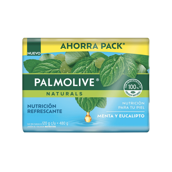 Imagen de Jabón de tocador menta y eucalipto Palmolive Naturals Nutrición Refrescante 4 pzas 120g c/u (480g)