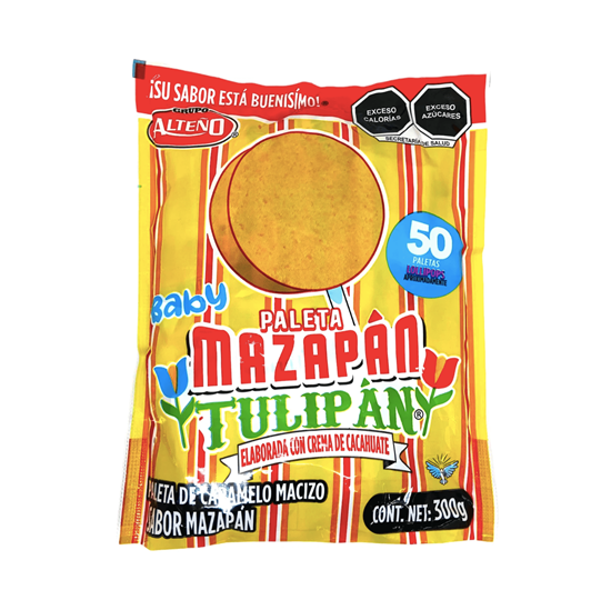 Imagen de Mini paleta de caramelo macizo con crema de cacahuate Grupo Alteño Baby Paleta Mazapán Tulipán 50 pzas (300g)