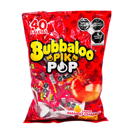 Imagen de Paleta de caramelo sabor mango chamoy rellena de chilito en polvo Bubbaloo Pik Pop 40 pzas (580g)