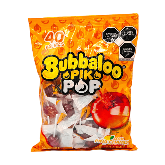 Imagen de Paleta de caramelo sabor piña chamoy rellena de chilito en polvo Bubbaloo Pik Pop 40 pzas (580g)