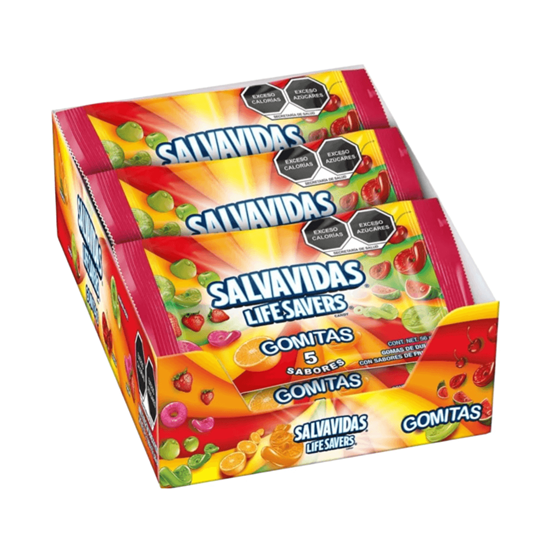 Imagen de Gomitas sabores frutales surtidos Salvavidas Life Savers caja con 9 pzas de 56g c/u (504g)