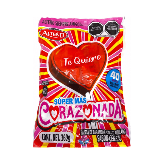Imagen de Paleta de caramelo sabor cereza en forma de corazón Grupo Alteño Súper Más Corazonada 40 pzas (360g)