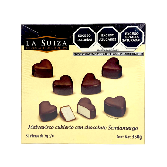 Imagen de Malvavisco en forma de corazón cubierto con chocolate semiamargo La Suiza 50 pzas de 7g c/u (350g)