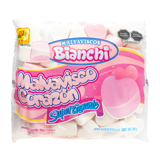 Imagen de Bombones sabor fresa y vainilla De la Rosa Malvaviscos Bianchi Malvavisco Corazón Súper Gigante 30 pzas (840g)