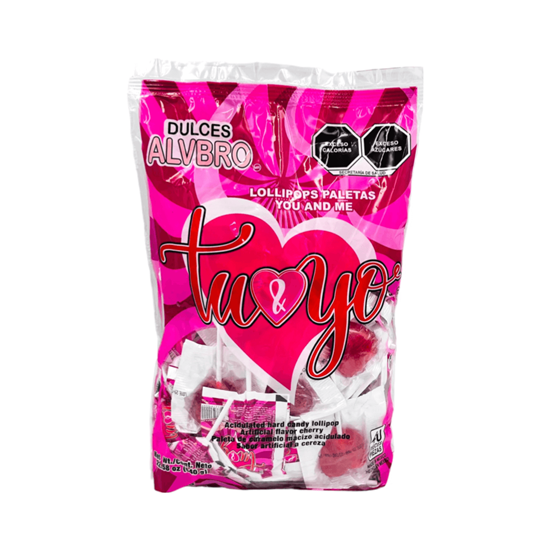Imagen de Paleta de caramelo sabor cereza en forma de corazón Dulces ALVBRO Tú & Yo 40 pzas (640g)