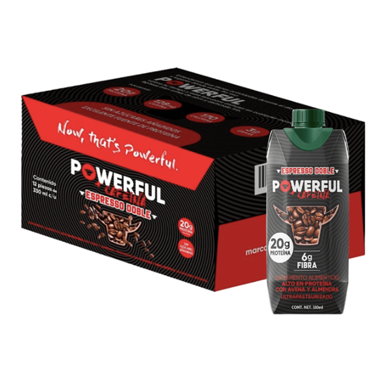 Imagen de Suplemento alimenticio alto en proteína y fibra con avena y almendra sabor espresso doble PowerFul + Cafeína 330ml caja con 12 pzas de 330ml c/u
