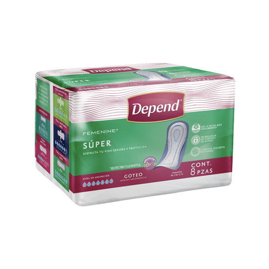 Imagen de Toallas femeninas 2 en 1 especializadas para incontinencia goteo máxima absorbencia Depend Femenine Súper 8 pzas