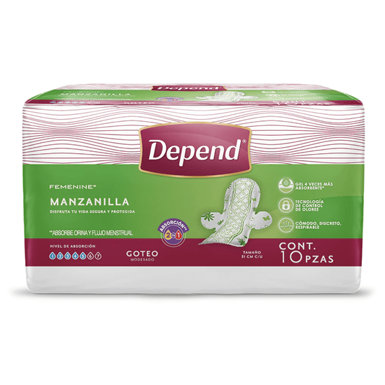 Imagen de Toallas femeninas 2 en 1 especializadas para incontinencia goteo moderado Depend Femenine Manzanilla 10 pzas