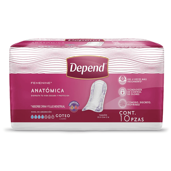 Imagen de Toallas femeninas 2 en 1 especializadas para incontinencia goteo ligero Depend Femenine Anatómica 10 pzas
