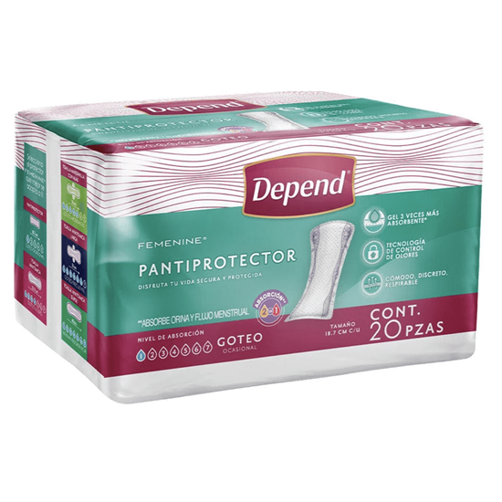 Imagen de Protectores diarios 2 en 1 especializados para incontinencia goteo ocasional Depend Femenine Pantiprotector 20 pzas
