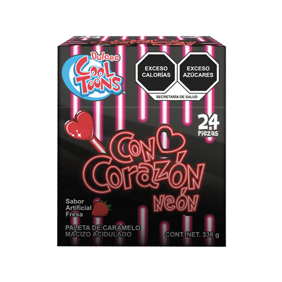 Imagen de Paletas de caramelo sabor fresa con palillo luminoso Dulces Cool Toons Con Corazón Neón 24 pzas (336g)