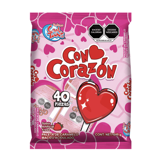 Imagen de Paleta de caramelo sabor fresa cereza Dulces Cool Toons Con Corazón 40 pzas (560g)