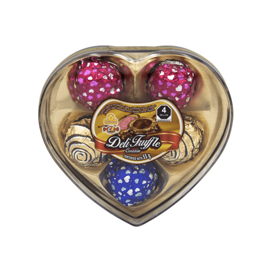 Imagen de Chocolates con galleta y relleno sabor chocolate, fresa y vainilla Las Delicias Deli Truffle caja corazón acrílico 55g