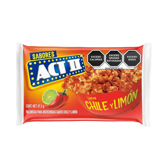 Imagen de Palomitas de maíz para microondas sabor chile y limón ACT II caja con 15 sobres de 87.5 g c/u (1,312.5g)
