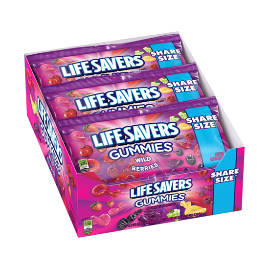 Imagen de Gomitas sabor moras Salvavidas Life Savers caja con 9 pzas de 56g c/u (504g)