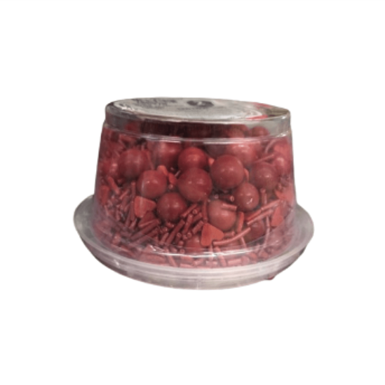Imagen de Surtido de granillo decorativo para repostería A'Chocolart San Valentín (perlas, granillo y corazones rojos) 100g