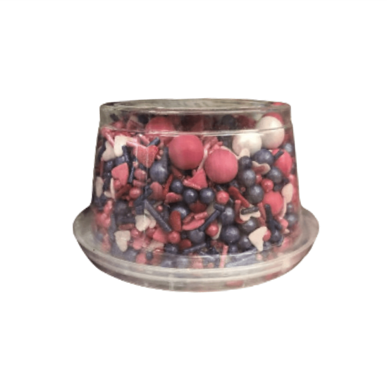 Imagen de Surtido de granillo decorativo para repostería A'Chocolart San Valentín (perlas, granillo y corazones rosas, blancos, rojos y morados) 100g