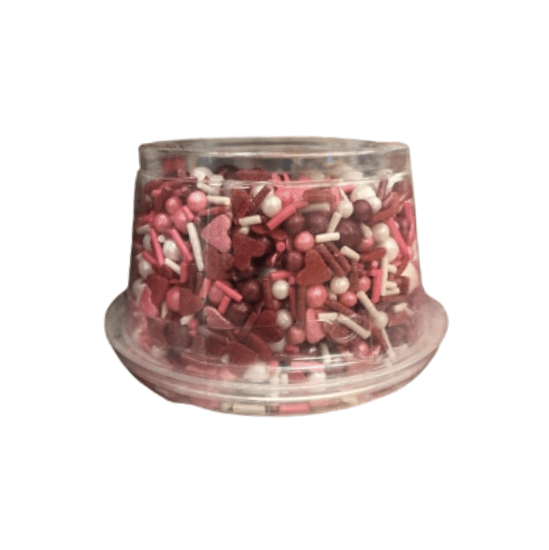 Imagen de Surtido de granillo decorativo para repostería A'Chocolart San Valentín (perlas, granillo y corazones rosas, blancos y rojos) 100g