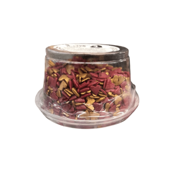 Imagen de Confetti/granillo decorativo para repostería A'Chocolart San Valentín (corazones dorados y rojos) 100g