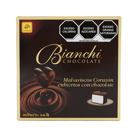 Imagen de Malvaviscos corazón cubiertos con chocolate De la Rosa Bianchi 50 pzas de 7g c/u (350g)