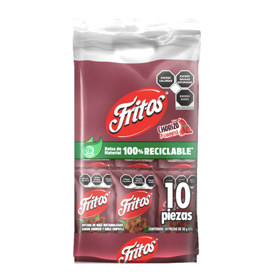 Imagen de Botana de maíz Fritos sabor chorizo y chipotle bolsa con 10 pzas de 38g c/u (380g)