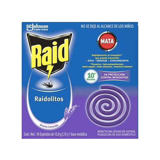 Imagen de Insecticida sólido en espiral aroma lavanda para mosquitos Raid Raidolitos 10 pzas de 12g c/u