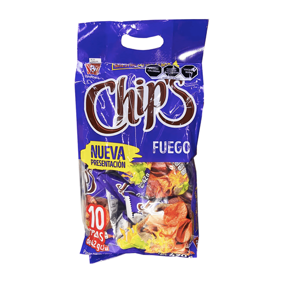 Imagen de Papas fritas sabor chile y limón ardiente Barcel Chip's Fuego 10 pzas de 42g c/u (420g)