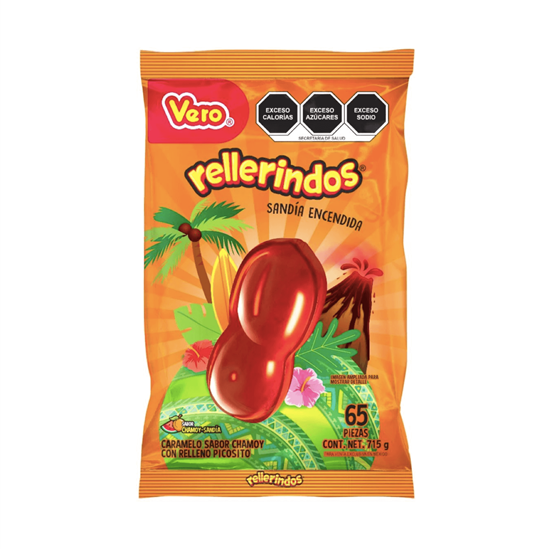 Imagen de Caramelo sabor chamoy-sandía con relleno picosito Vero Rellerindos Sandía Encendida 65 pzas (715g)
