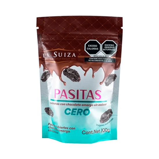 Imagen de Pasitas cubiertas con chocolate amargo sin azúcar La Suiza Pasitas Cero 100g
