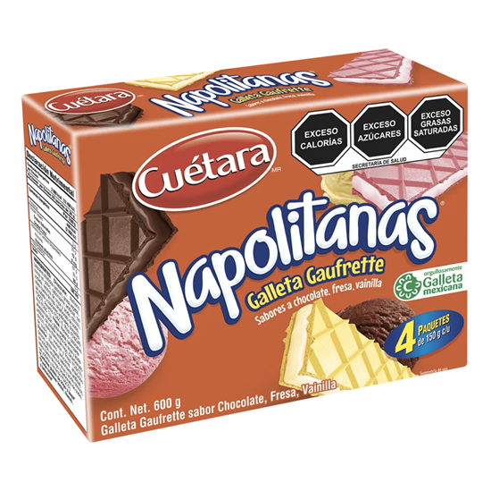 Imagen de Galleta Gaufrette sabores chocolate, fresa y vainilla Cuétara Napolitanas 4 paquetes de 150g c/u (600g)