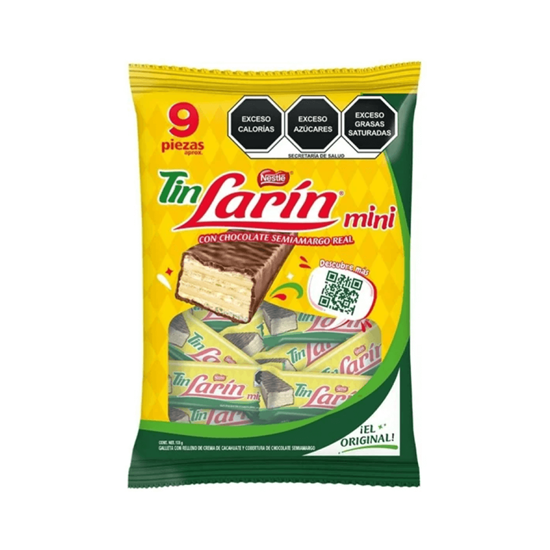 Imagen de Galleta con relleno de crema de cacahuate y cobertura de chocolate semiamargo Nestlé Tin Larín Mini 9pzas (108g)