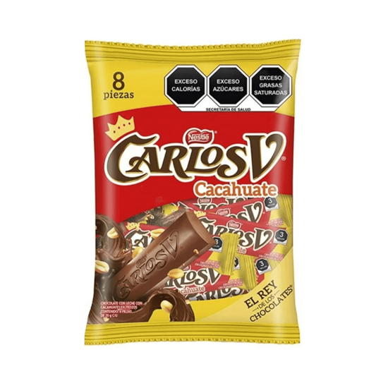 Imagen de Chocolate con leche con cacahuate en trozos Carlos V Cacahuate 8 pzas de 20g c/u
