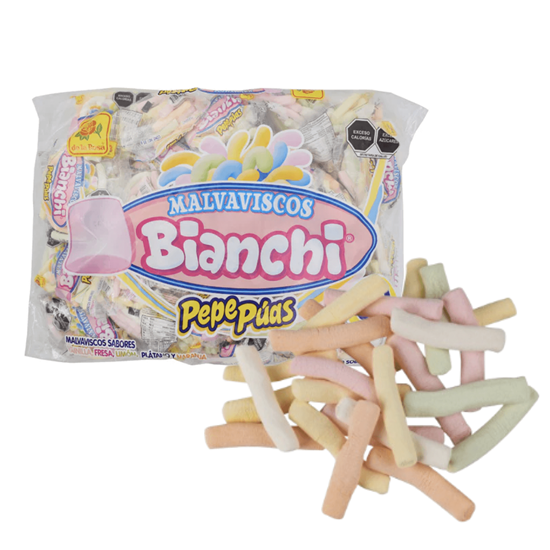 Imagen de Bombones sabor vainilla, fresa, limón, plátano y naranja De la Rosa Malvaviscos Bianchi Pepe Púas 30 bolsitas de 25g c/u (750g)