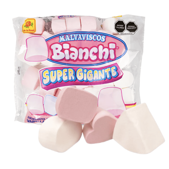 Imagen de Bombones rosas y blancos figuras surtidas sabor vainilla y fresa De la Rosa Malvaviscos Bianchi Súper Gigante 840g