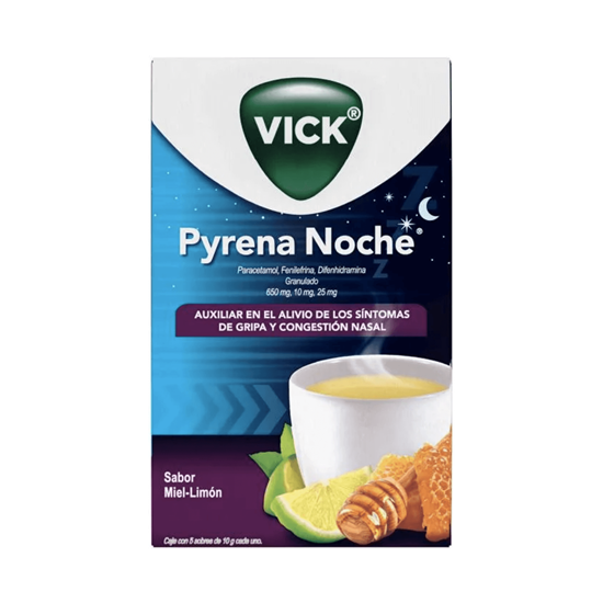 Imagen de Té sabor miel-limón para el alivio de gripa y congestión nasal Vick Pyrena Noche caja con 5 sobres de 10g c/u
