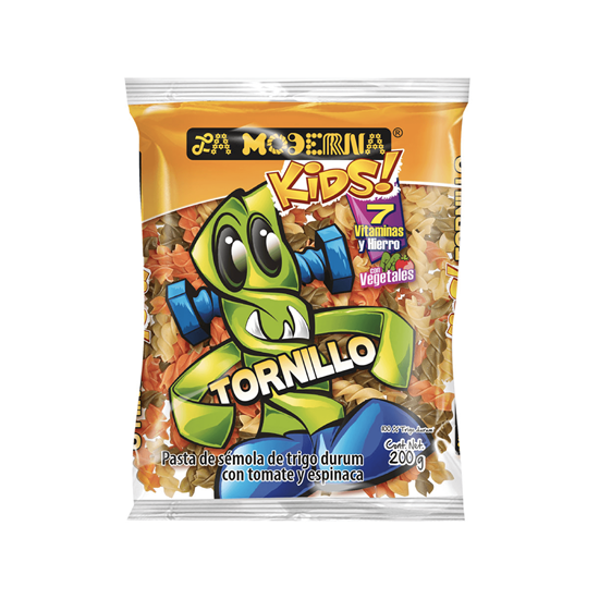 Imagen de Pasta de trigo con vegetales (tomate y espinacas) La Moderna Kids Tornillo Tricolor 200g