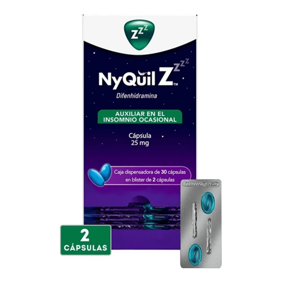 Imagen de Auxiliar para el insomnio ocasional con difenhidramina Vick NyQuil Z caja dispensadora 30 cápsulas en blister de 2 cápsulas