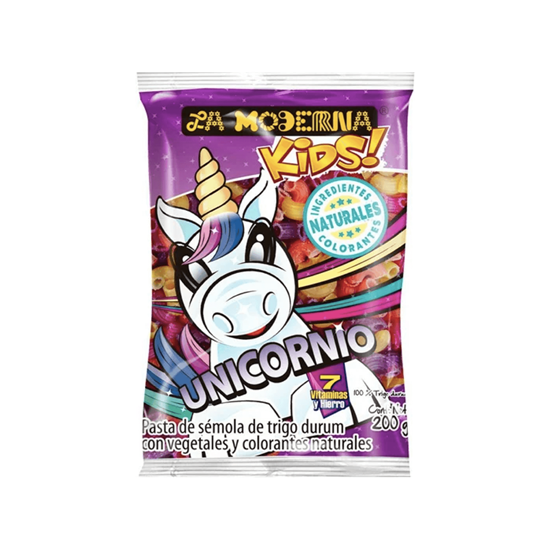 Imagen de Pasta de trigo para sopa de codito de colores La Moderna Kids Unicornio 200g