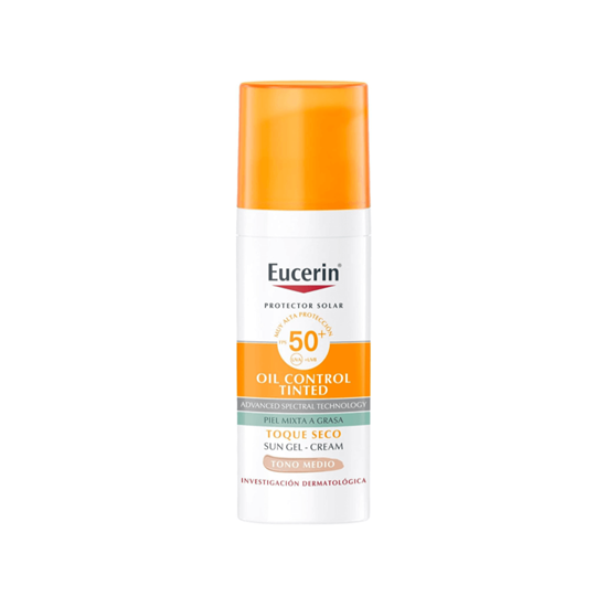 Imagen de Protector solar facial con color toque seco anti-brillo para piel mixta a grasa Eucerin Oil Control Tinted FPS 50+ tono medio 50ml