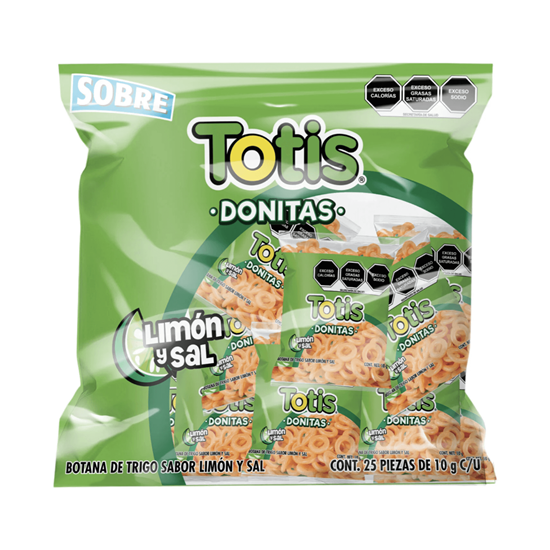 Imagen de Botana de trigo sabor limón y sal Totis Donitas Sobre paquete con 25 pzas de 10g c/u (250g)