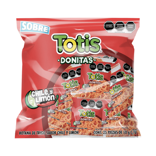 Imagen de Botana de trigo sabor chile y limón Totis Donitas Sobre paquete con 25 pzas de 10g c/u (250g)