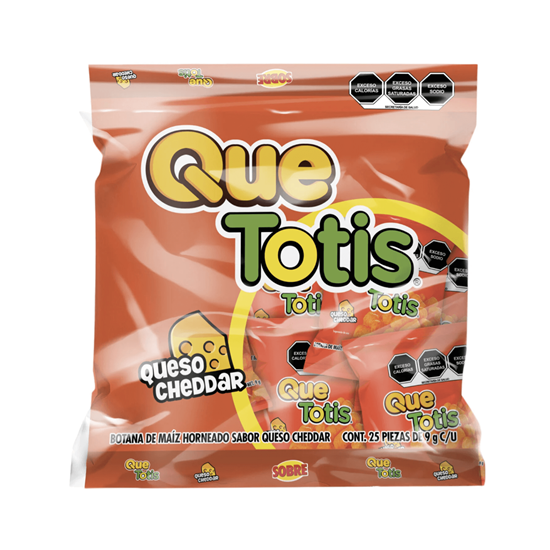 Imagen de Botana de maíz sabor queso cheddar Que Totis Sobre paquete con 25 pzas de 9g c/u (225g)