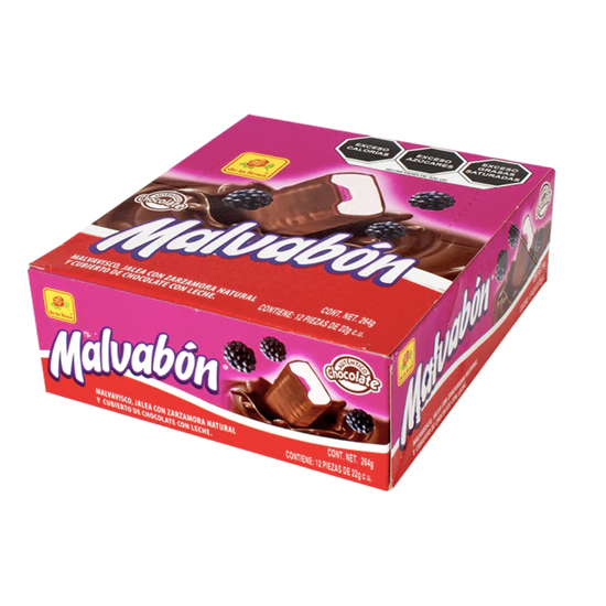 Imagen de Malvavisco con jalea de zarzamora cubierto con chocolate De la Rosa Malvabón 12 pzas de 22g c/u (264g)