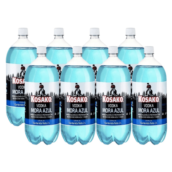 Imagen de Bebida preparada con vodka y refresco sabor mora azul Kosako paquete con 8 botellas de 2L c/u